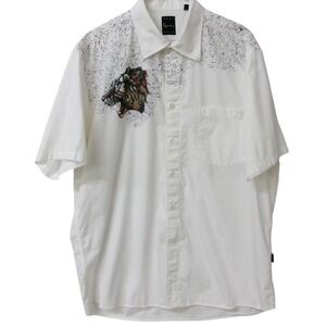 Kani Gold Men's White Short Sleeve Button Up Shirt Tiger Print Studded XL